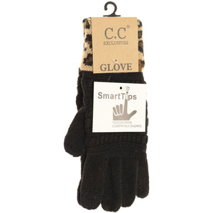 C.C. Beanie Solid Cable Knit Leopard Cuff Gloves