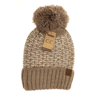 TAUPE AND SAND CC TWEED KNIT KNIT POM BEANIE